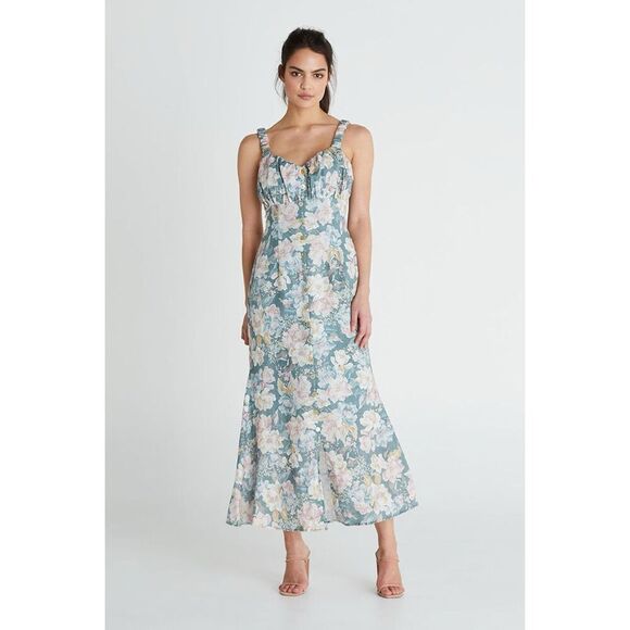 We Are Kindred Isobel Linen Gathered Sweetheart Midi Dress SZ 4 Floral Feminine - Picture 1 of 11